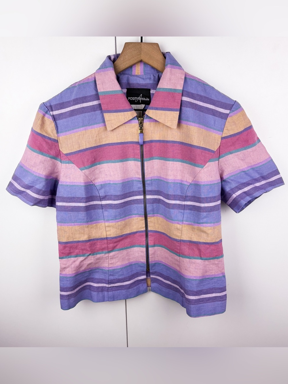 Vintage Striped Zip Front Short Sleeve Collared Blouse Top Lavender Purple Pink